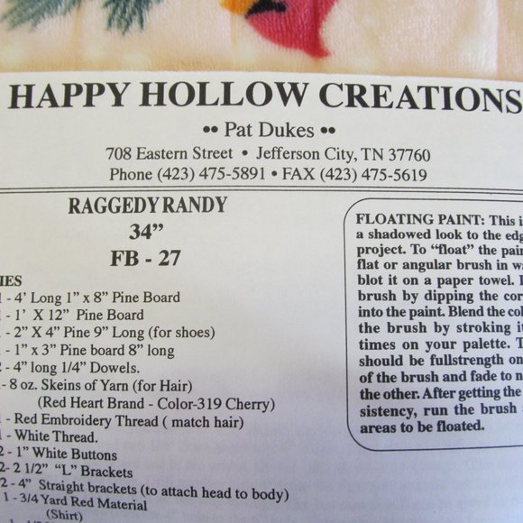 Happy Hollow Creations Tole Painting Pattern Raggedy Randy 35" Uncut - Picture 7 of 10